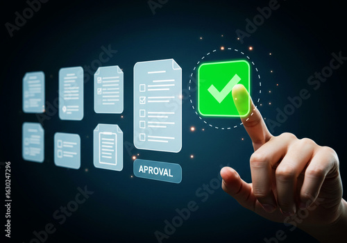 The Future of Business Automation and Digital Workflow, with a Person's Hand Interacting with a Network of Floating Document Icons to Make a Final Decision.