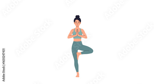A woman in sportswear stands in a balanced yoga tree pose with hands in prayer.