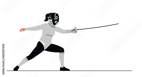 A graphic illustration of a woman in fencing gear, lunging forward with her sword.