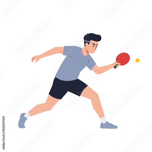 A young man in athletic attire plays table tennis, lunging forward to hit the ball with a red paddle.