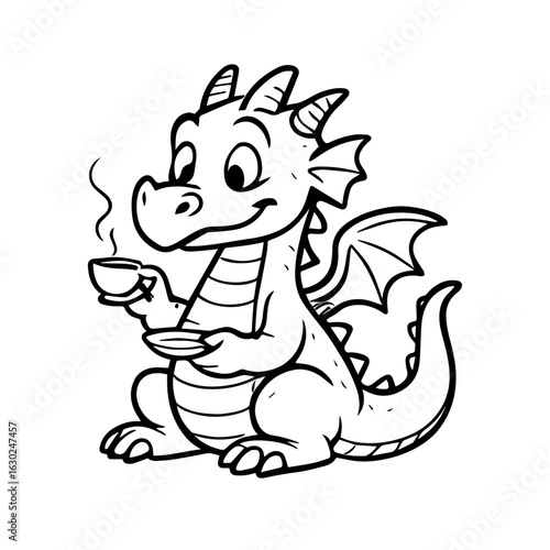 Friendly dragon sipping tea with a tiny teacup