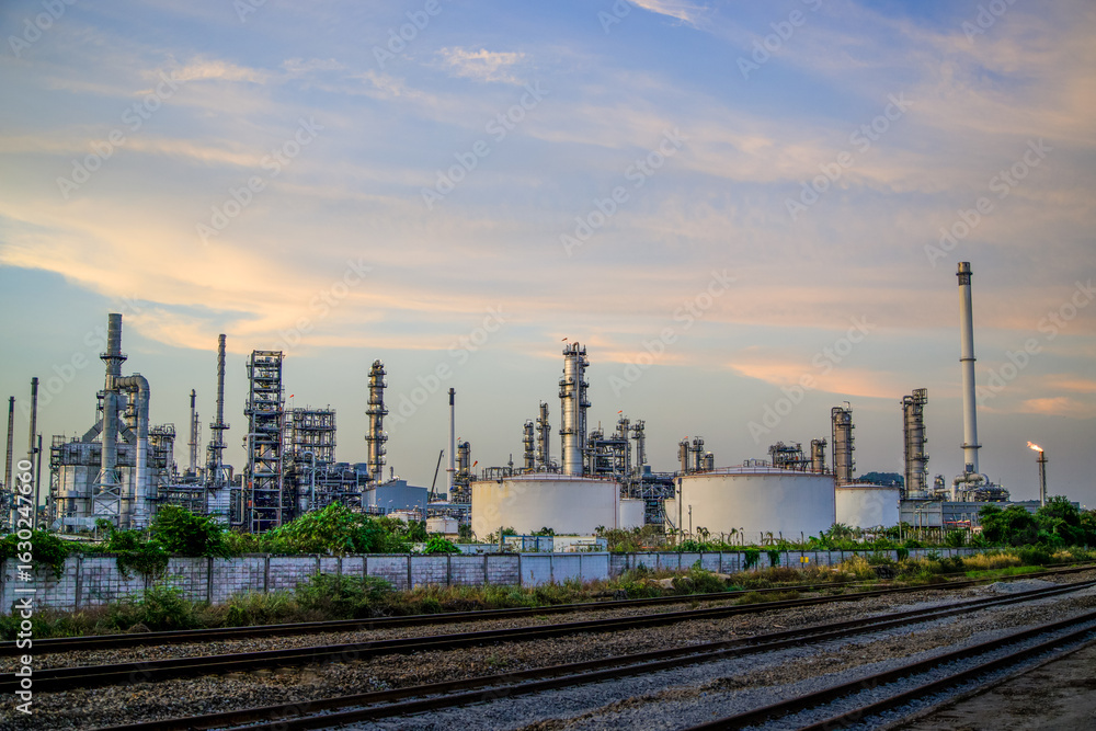 Fototapeta premium Oil and Gas Industrial zone,The equipment of oil refining,Close-up of industrial pipelines of an oil-refinery plant,Detail of oil pipeline with valves in large oil refinery.