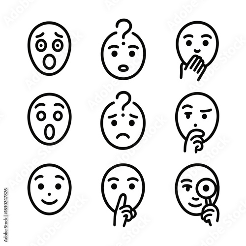 Mysterious Emotions Icons. Outline icon set of mysterious emotions: fear, curiosity, suspense, surprise, confusion, doubt,