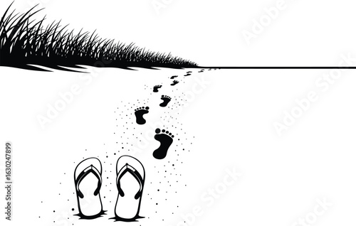 Minimalist Beach Scene with Flip Flops and Footprints in the Sand Leading to the Horizon Line