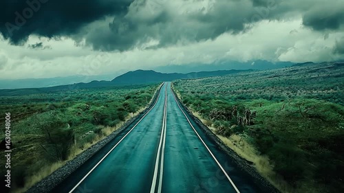 Empty road stretches into a landscape of green hills under a stormy sky