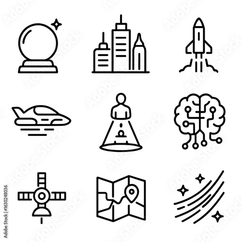 Mystical and Futuristic Icons. Outline icon set of seer attire: cloak, hood, amulet, rings, bracelets, staff, boots, belt pouch,