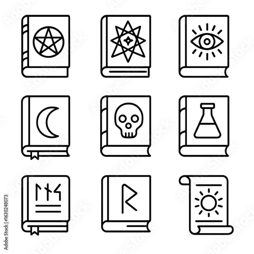 Mystical Books & Restoration Icons. Outline icon set of mystical ancient books: spellbook, tome of magic, prophecy book, book of