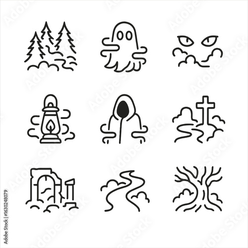 Mystical and Sunlit Icons. Outline icon set of mystical fog themes: haunted forest, ghost in mist, glowing eyes, lantern in fog,