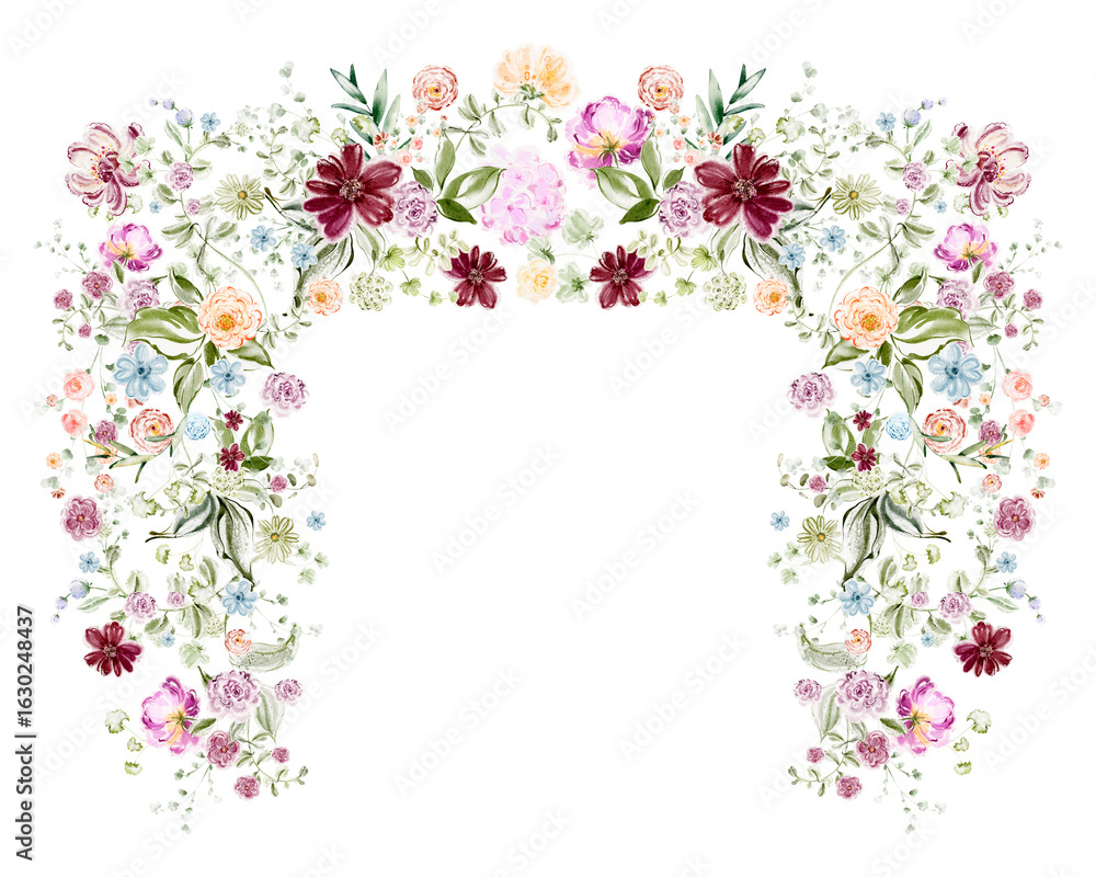 Intricate watercolor frame with small jasmine, roses, and peonies. Rectangular floral border for wedding invitation, greeting card, template, botanical design, and decorative art.