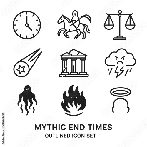Mythic Icons Collection. Outline icon set of mythic end times: doomsday clock, apocalypse horseman, judgment scales, celestial