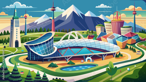 Olympic Park Munich showcases sweeping green landscapes, shimmering lakes, and bold architecture. Towering structures and curved roofs form a dynamic scene, blending nature and innovation with harmoni