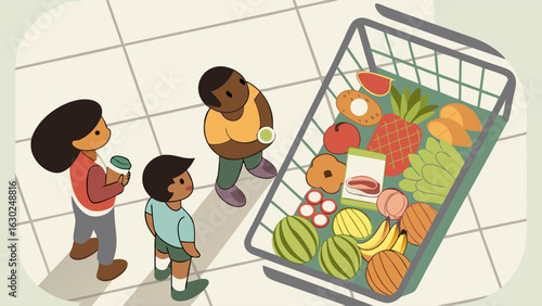 Supermarket Shoppers Surrounded by Fresh Produce.