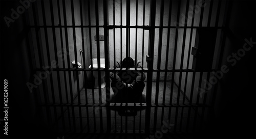 Solitary confinement: A lone figure sits slumped in a stark, dimly lit prison cell, behind imposing metal bars.
