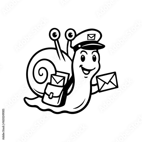 Snail wearing a mail carrier hat delivering letters