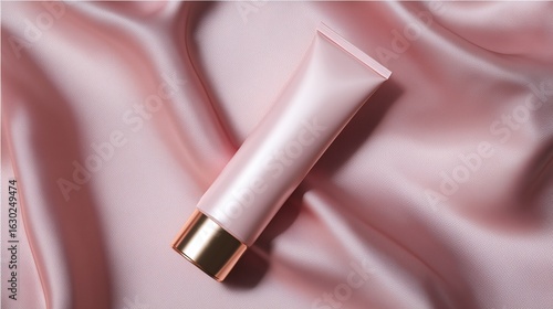 Elegant Cosmetic Tube Mockup on Pink Silk Cloth for Makeup Base or Primer