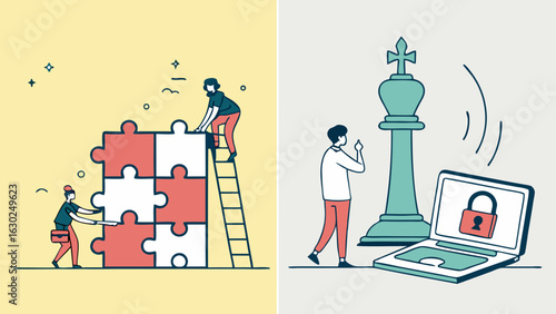 Teamwork and Strategy Jigsaw Puzzle and Chess Piece.