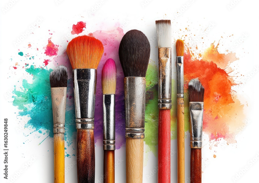 Obraz premium Assorted paintbrushes on a white background with colorful splashes