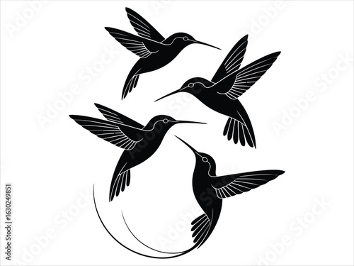 Set of four black hummingbird silhouettes in dynamic flight. Stylized tropical bird vector icons for logo, tattoo, or modern graphic design elements.