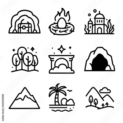 Mythic Creatures' Habitats. Outline icon set of mythic creatures’ habitats: dragon’s lair, phoenix nest, underwater palace,