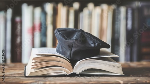 Graduation Cap and Book Compositions for Academic Achievement Graphics, Diploma Program Promotions, and Educational Success Concepts