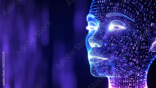 AI Digital Head with Tech, Data, Futuristic, Cyberpunk, and Neon Background.