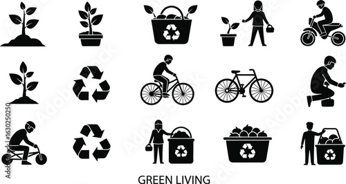 Eco friendly lifestyle icons for sustainable living design