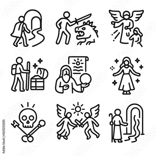 Mythic Icons Set. Outline icon set of mythic narrative scenes: hero’s journey, battle with monster, divine intervention, quest for