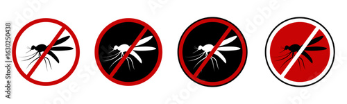 No mosquito fly. Anti gnat or stop midge vector icon, insect repellent spray sign, bite forbidden red cross circle, insects danger and control warning symbol with mosquitoes silhouette. World Mosquito