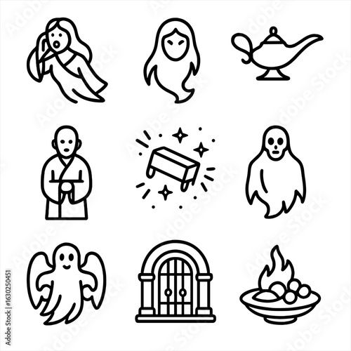 Mythical Ghost Icons. Outline icon set of ghost mythology: banshee wail silhouette, yokai spirit outline, djinn lamp icon,