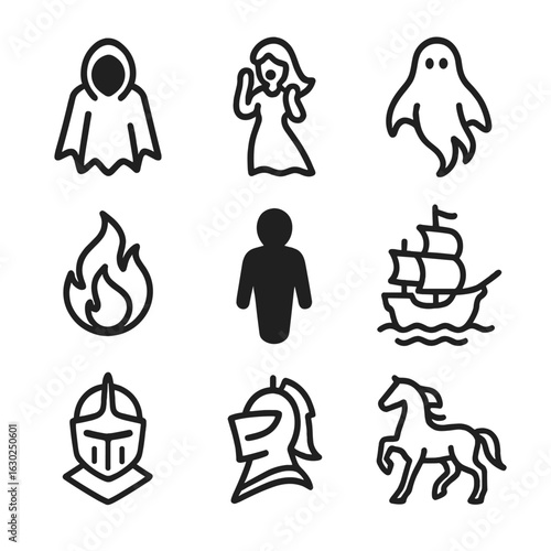 Mythical Phantoms Icons. Outline icon set of mythical phantoms: wraith silhouette, banshee outline, specter figure, poltergeist