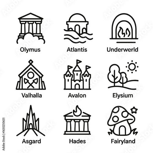 Mythical Realms Icons. Outline icon set of mythical realms: Olympus, Atlantis, Underworld, Valhalla, Avalon, Elysium, Asgard,