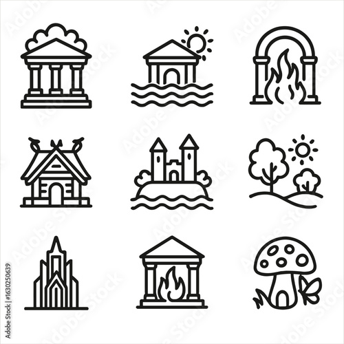 Mythical Realms Icons. Outline icon set of mythical realms: Olympus, Atlantis, Underworld, Valhalla, Avalon, Elysium, Asgard,
