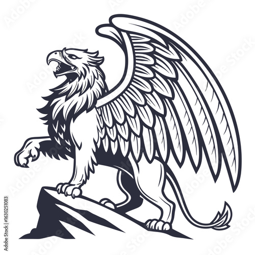 Regal Silhouette of a Griffin Perched with a Lifted Head.