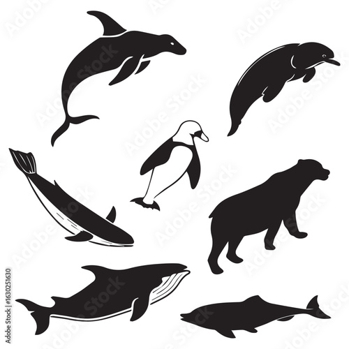 Collection of diverse marine and arctic animals depicted in a stylized black and white sketch art style for educational or decorative purposes