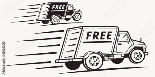 Vector art of retro style illustration of two delivery trucks with the word free on the side panels, conveying a sense of fast and complimentary shipping