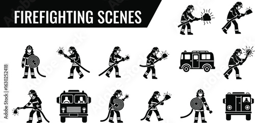 Firefighter icons battling flames with hoses and firetrucks
