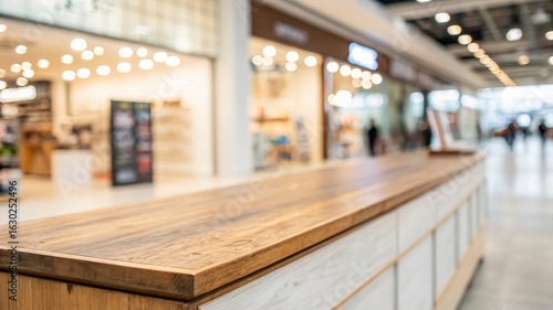 Wallpaper Mural Empty wooden counter for product showcase with blurred retail shop background  Torontodigital.ca