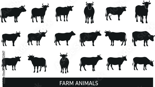Graphic collection of diverse cow silhouettes for farm designs