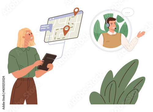 Woman holding tablet interacting with map interface and voice-activated assistant. Ideal for navigation, technology, communication, virtual help, customer service, remote assistance, guidance. Simple