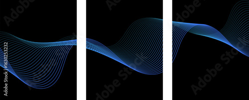 Abstract poster 3 style dark background with glowing neon wave lines in blue and purple gradients. 