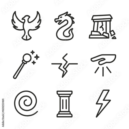Mythology Icon Set. Outline icon set of mythological creation and destruction: phoenix, dragon, collapsing temple, magic staff,