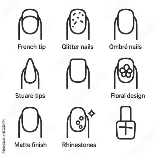 Nail Art Icons. Outline icon set of nail art styles: french tips, glitter nails, ombré nails, stiletto shape, square tips, floral