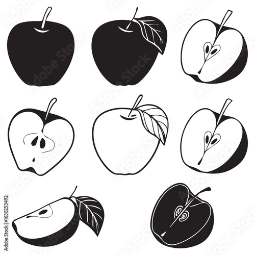 Collection of hand drawn apple illustrations featuring whole fruits sliced halves and wedges in black and white sketch style