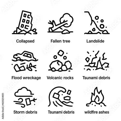 Natural Disaster Debris Icons. Outline icon set of debris from natural disasters: collapsed building, fallen tree, landslide