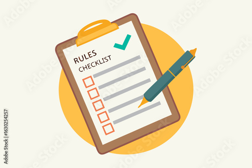 Clipboard with Rules Checklist and Pen Representing Compliance Audit and Regulatory Adherence and Business Regulations