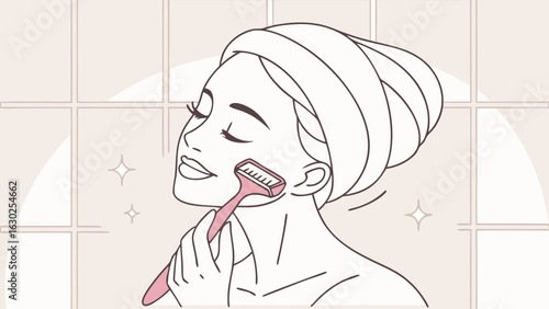 Woman Shaving Her Face in a Bathroom Setting.
