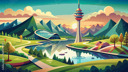 A peaceful lake reflects Munich’s Olympic Tower, while winding paths and rolling hills invite exploration. The park’s modern legacy and tranquil scenery shine in semi-realistic vector composition and 