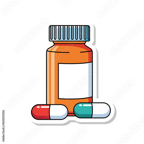 Medical treatment and pharmacy concept featuring a prescription bottle and colorful capsules. Vector graphic icon.