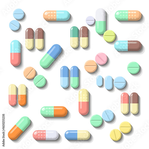 A diverse assortment of colorful medication pills and capsules. Vector illustration of various pharmaceutical drugs and tablets for healthcare and medical concepts.