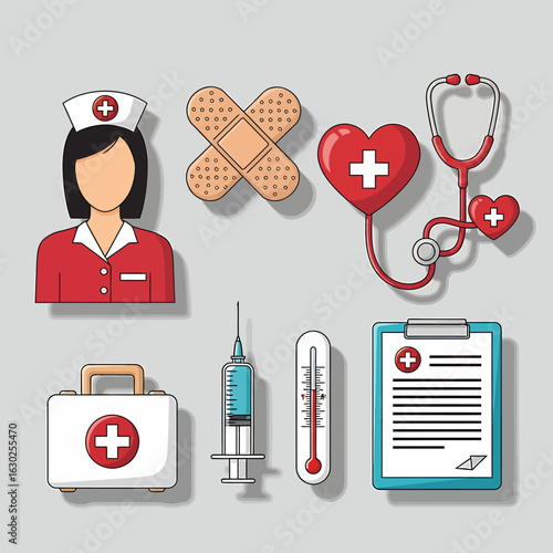 A set of cartoon-style medical icons for healthcare and pharmacy themes. Vector illustration of equipment like a first aid kit, syringe, and stethoscope.